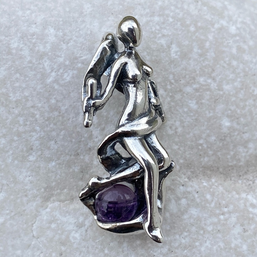 World Tarot 3D sculpture Pendant .925 Sterling Silver w/ genuine Amethyst USA
